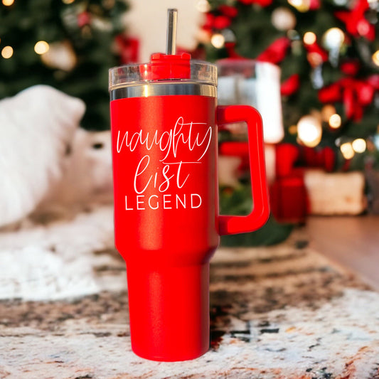 40oz Insulated Christmas Tumbler Red Mug With Handle Lid Straw Naughty Legend