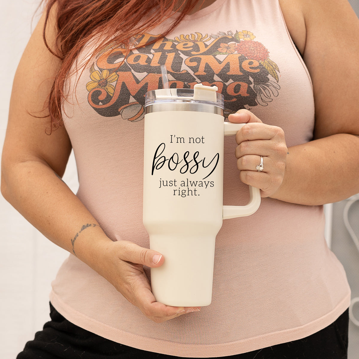 40oz Insulated Travel Mug With Handle Lid Straw I'm Not Bossy Always Right