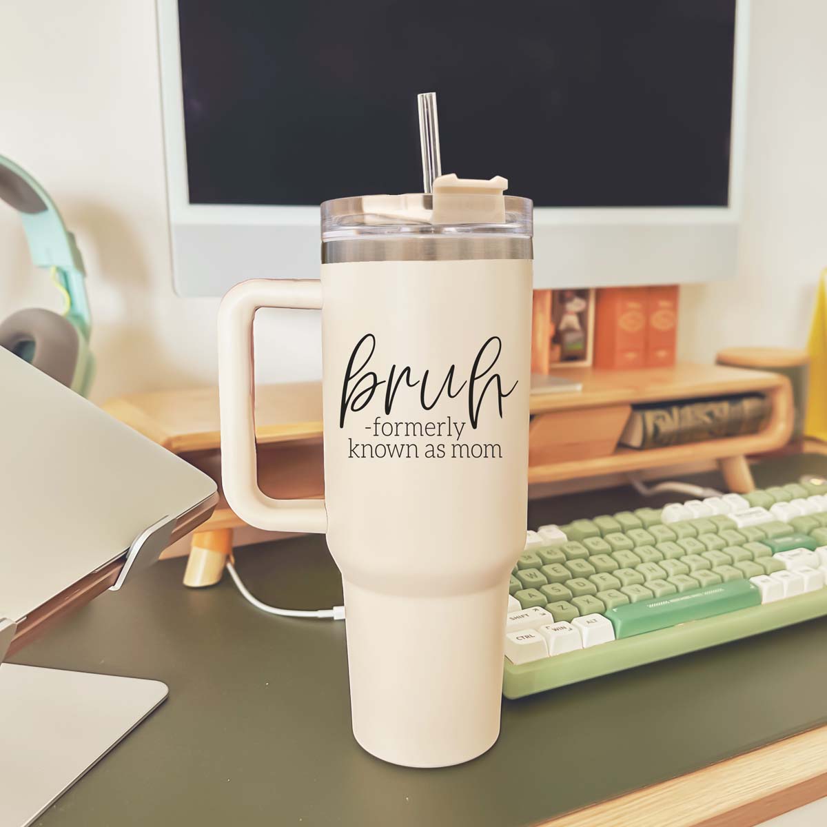 40oz Tumbler Insulated Travel Cup With Handle Lid Straw Funny Bruh Mom Gift