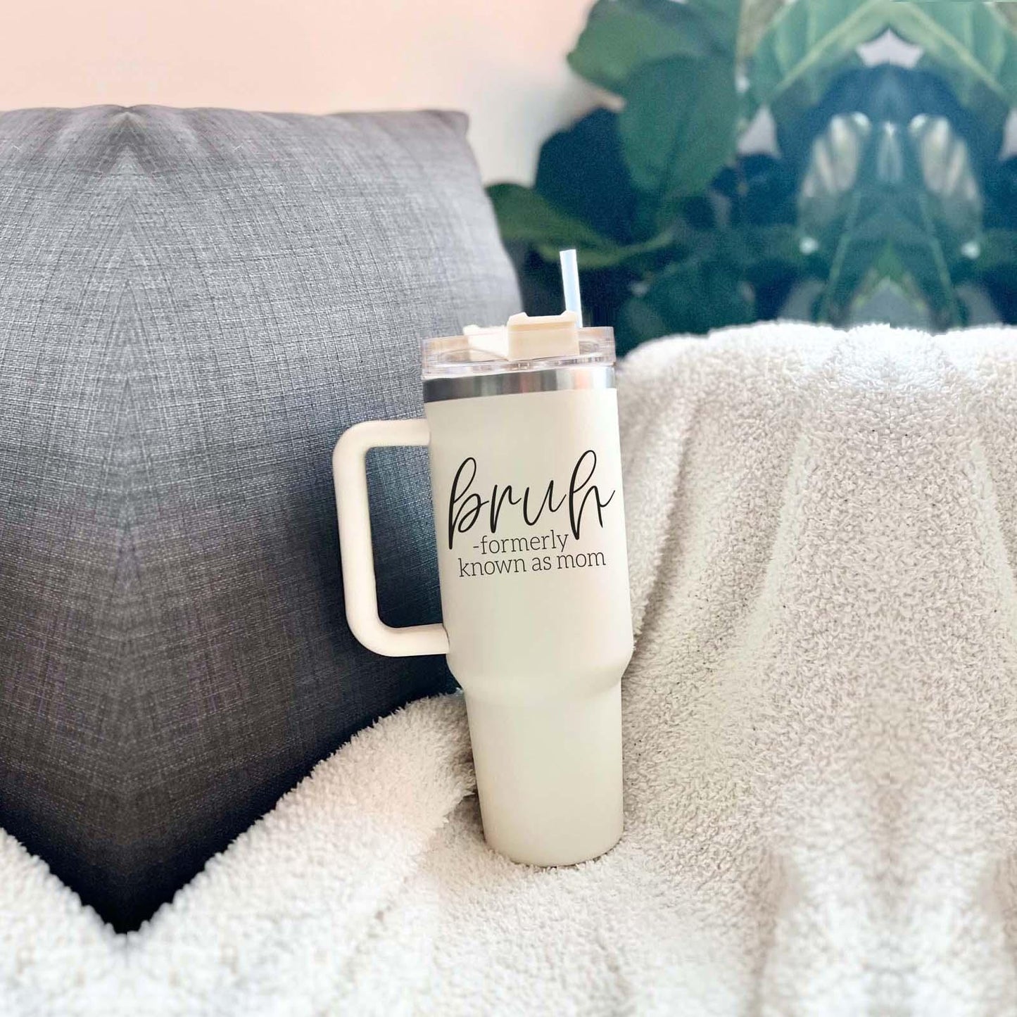 40oz Tumbler Insulated Travel Cup With Handle Lid Straw Funny Bruh Mom Gift