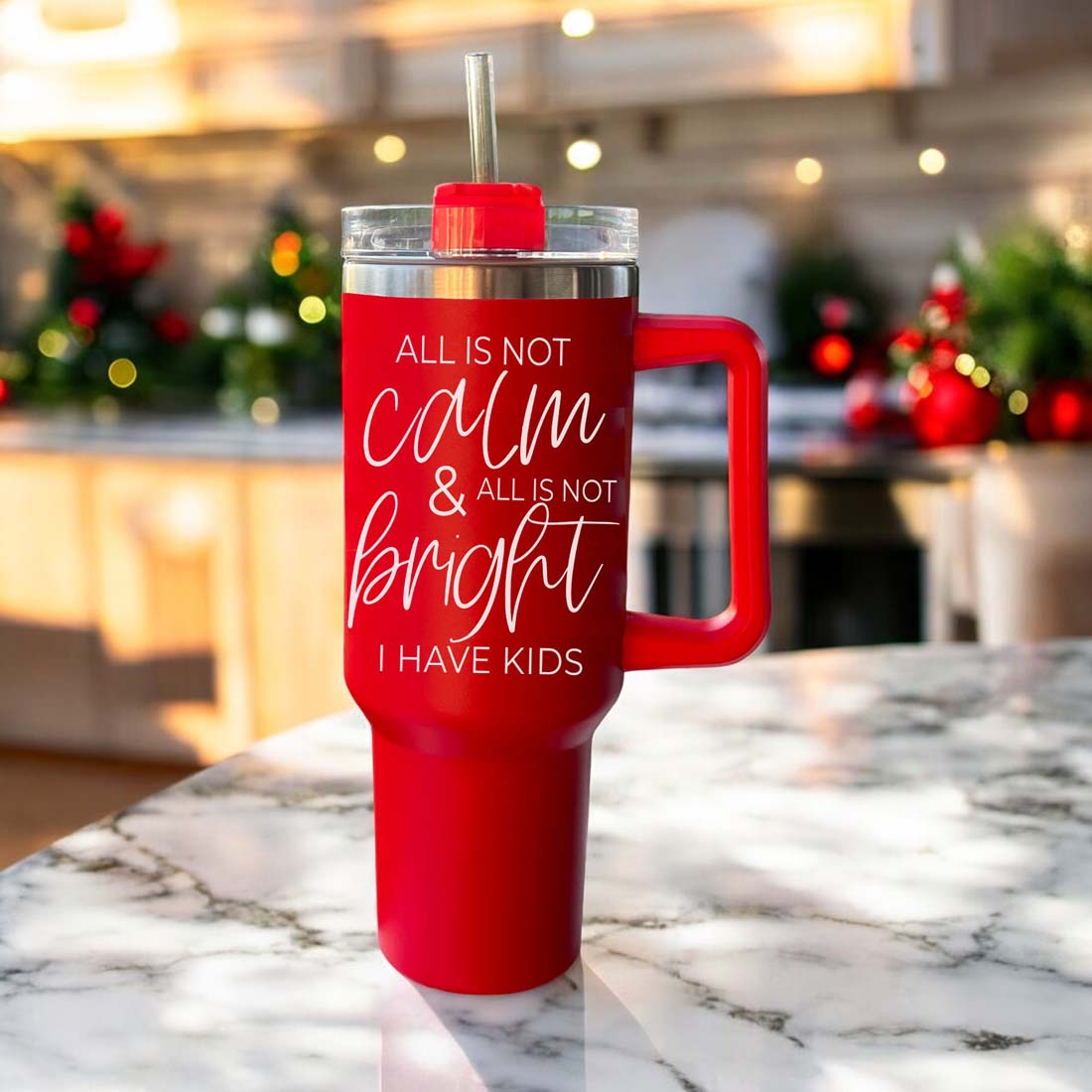 40oz Insulated Tumbler With Handle Lid And Straw Mama's Little Helper Red