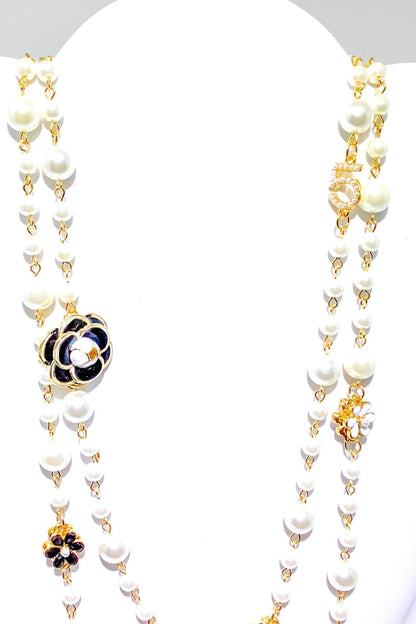 Double Strand Pearl Necklace With Gold Floral Accents