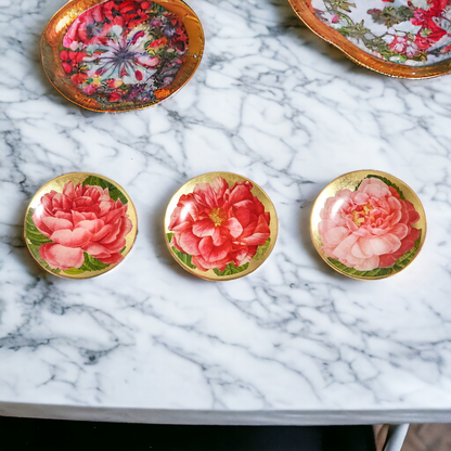 Rose Decoupage Trinket Tray Gold Leaf Vintage Jewelry Dish Coaster