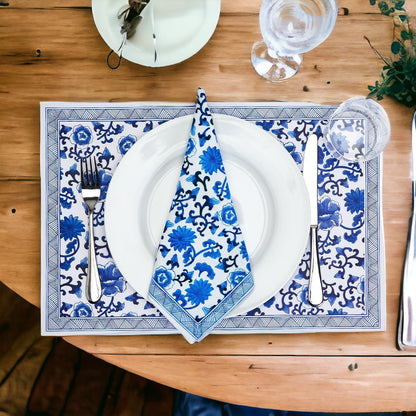 Chinoiserie Placemats Set Of 4 - Elegant Asian Floral Vinyl Placemats, Easy