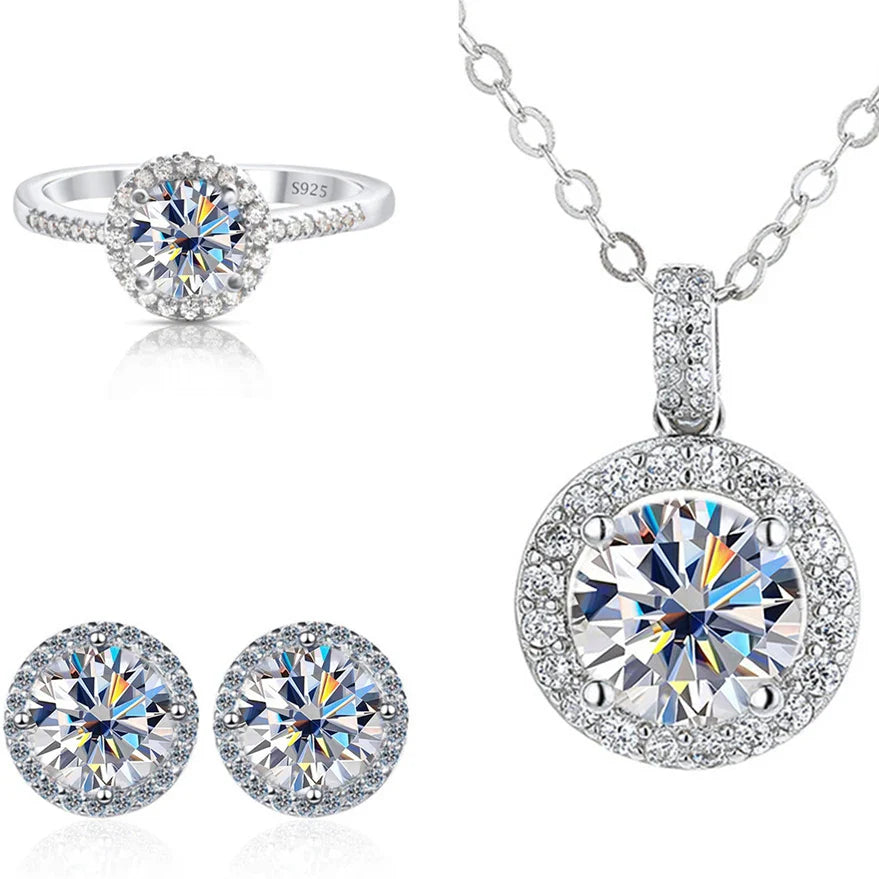 6.5mm Moissanite 925 Sterling Silver Bridal Jewelry Set Ring Earring Pendant