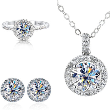 6.5mm Moissanite 925 Sterling Silver Bridal Jewelry Set Ring Earring Pendant
