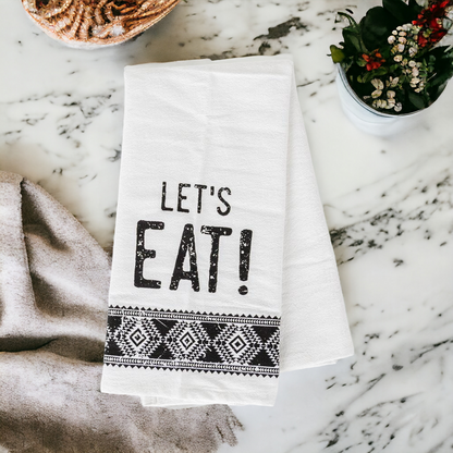 Jacquard Black White Aztec Tea Towel 24 x 17 Kitchen Hand Towel Lets Eat Festive Cotton