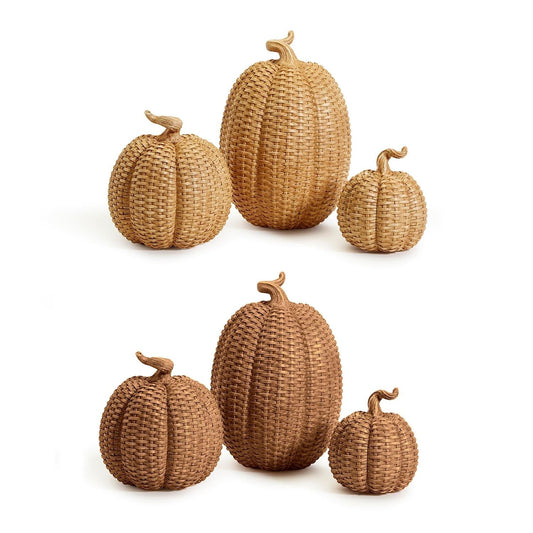 Rattan Resin Pumpkins Fall Decor - Set Or Single, 3 Sizes, Honey Cognac