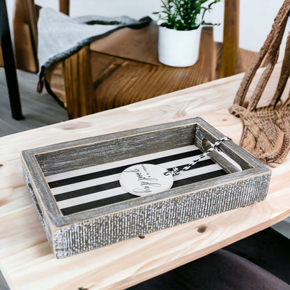 Farmhouse Modern Wooden Tray Black White Striped Decorative Serving Tray 10 x 6 x 1.5 Inch