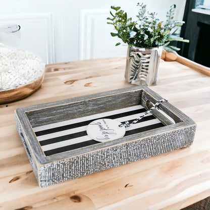 Farmhouse Modern Wooden Tray Black White Striped Decorative Serving Tray 10 x 6 x 1.5 Inch