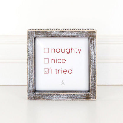 Naughty Nice I Tried 5in Wood Embossed Christmas Sign Holiday Decor