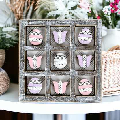 Easter Spring Tic Tac Toe Wooden Game Decor Set Tulip & Egg Pieces - 2 Sizes
