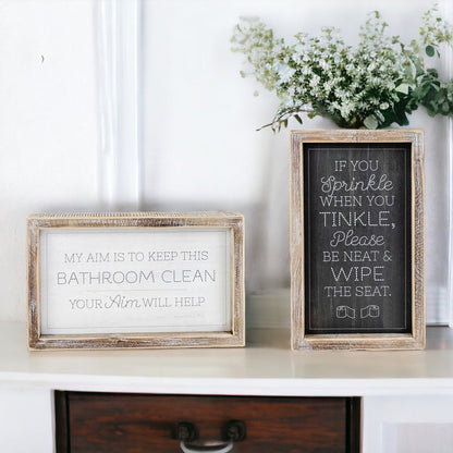 Funny Double Sided Wooden Bathroom Sign Aim Sprinkle Tinkle Freestanding Frame Wall Decor
