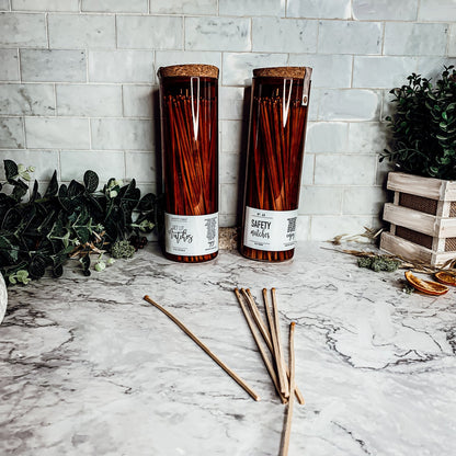 9 Inch Apothecary Matches Extra Large Safety in Amber Glass Jar With Cork Lid