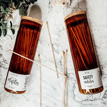 9 Inch Apothecary Matches Extra Large Safety in Amber Glass Jar With Cork Lid