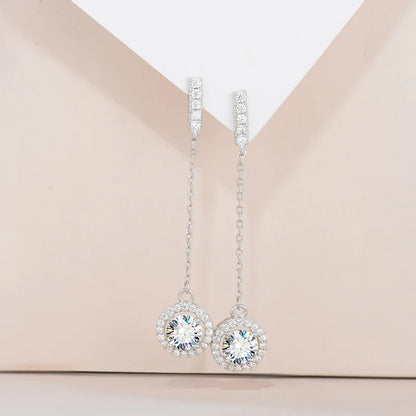 925 Sterling Silver 1Ct Moissanite Round Drop Tassel Earrings For Women