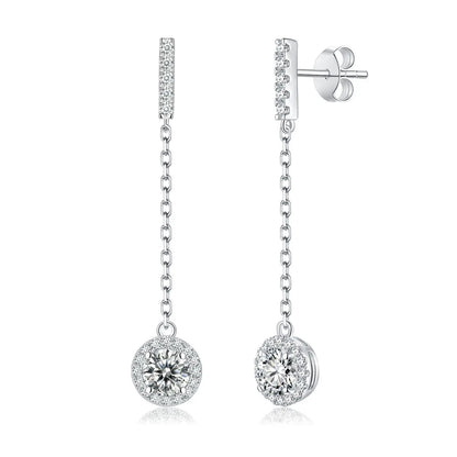 925 Sterling Silver 1Ct Moissanite Round Drop Tassel Earrings For Women