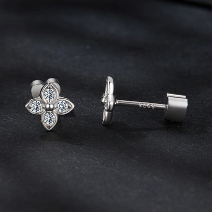925 Sterling Silver 4-Leaf Clover Moissanite Earrings Hypoallergenic Screwback
