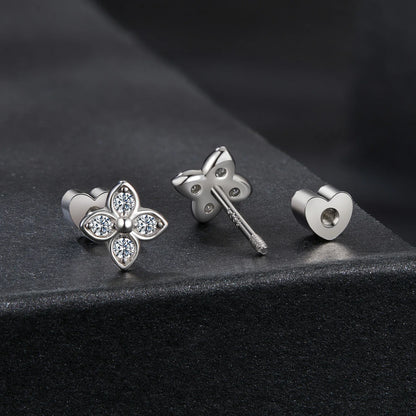 925 Sterling Silver 4-Leaf Clover Moissanite Earrings Hypoallergenic Screwback