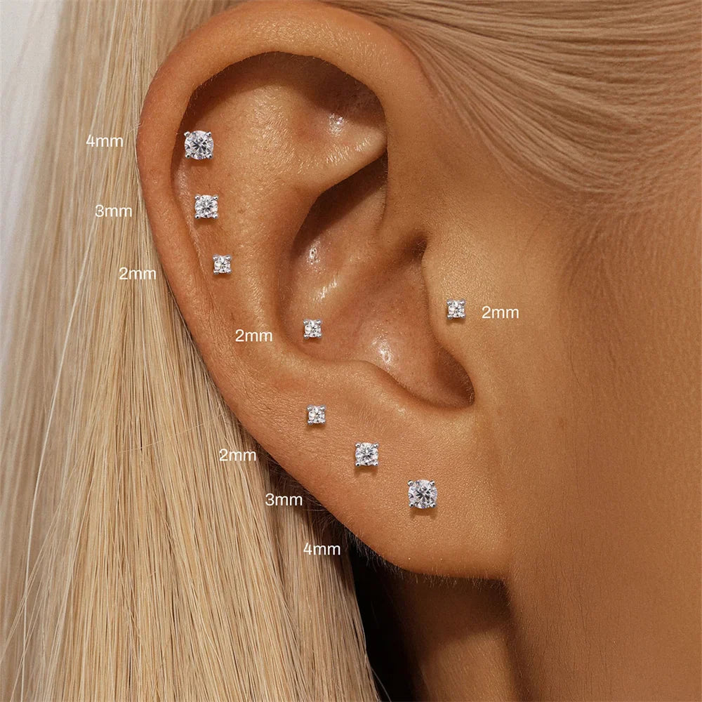 925 Sterling Silver Mini Moissanite Four-Claw Screw Stud Earrings For Women