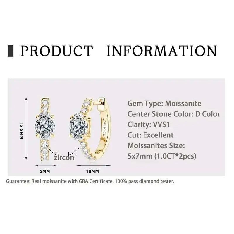 925 Sterling Silver Moissanite 1 Ct Oval Stud Earrings For Women GIA