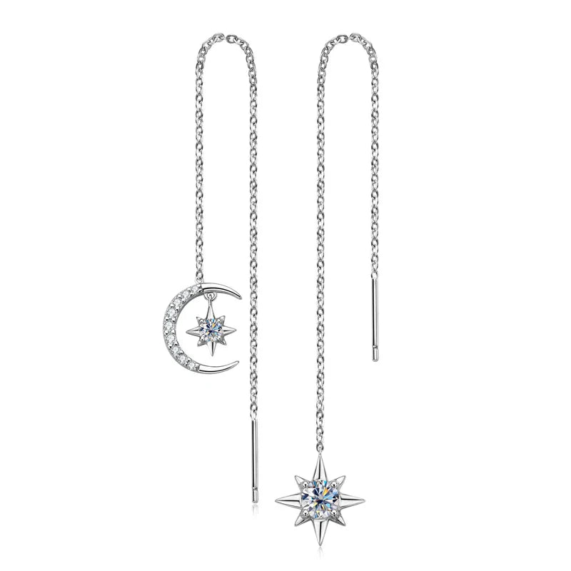 925 Sterling Silver Moissanite Star Moon Threader Earrings Asymmetric Drop