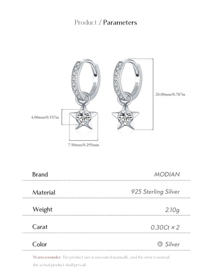 925 Sterling Silver Moissanite Star Hoop Earrings D Color Shiny For Women