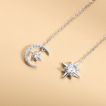 925 Sterling Silver Moissanite Star Moon Threader Earrings Asymmetric Drop