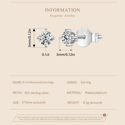 925 Sterling Silver Moissanite Stud Earrings VVS1 Lab Diamond Gift Unisex Party