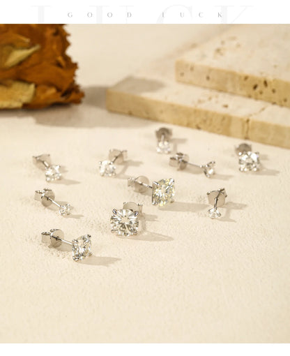 925 Sterling Silver Moissanite Round Stud Earrings D Color Sparkling