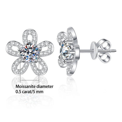 925 Sterling Silver Moissanite Stud Earrings 0.5ct x2 Five-Leaf Flower
