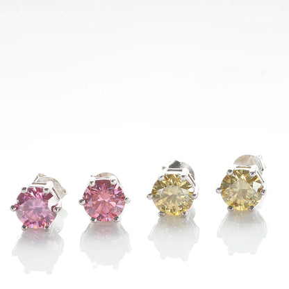 925 Sterling Silver Moissanite Stud Earrings Round VVS1 Pink Yellow Gift