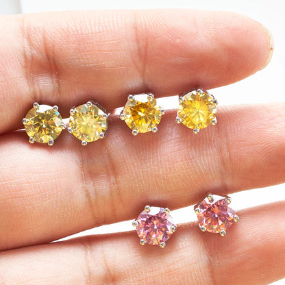 925 Sterling Silver Moissanite Stud Earrings Round VVS1 Pink Yellow Gift