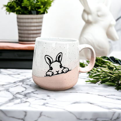 Farmhouse Ceramic Bunny Mug Hand-Painted Ivory With Pastel Pink Base, 12 Oz