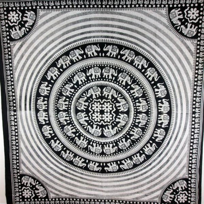 Black White Elephant Mandala Tapestry With Floral Center