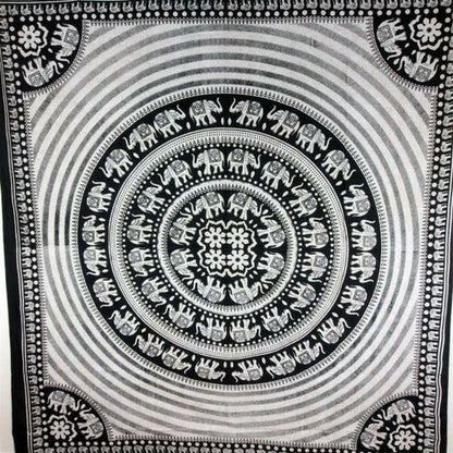 Black White Elephant Mandala Tapestry With Floral Center