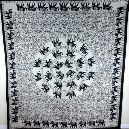 Black White Festival Elephant Mandala Tapestry Cotton