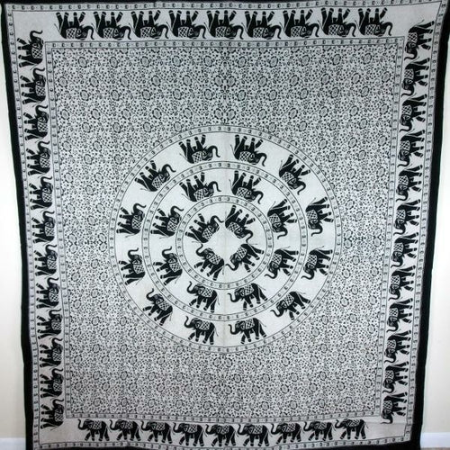 Black White Festival Elephant Mandala Tapestry Cotton