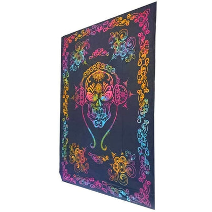 Gothic Skull Tie Dye Tapestry With Floral Border Cotton