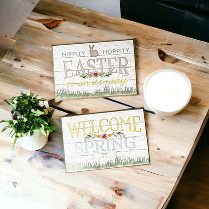 Easter Spring Floral Block Signs Set - Watercolor Bunny and Hippity Hoppity