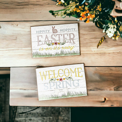 Easter Spring Floral Block Signs Set - Watercolor Bunny and Hippity Hoppity