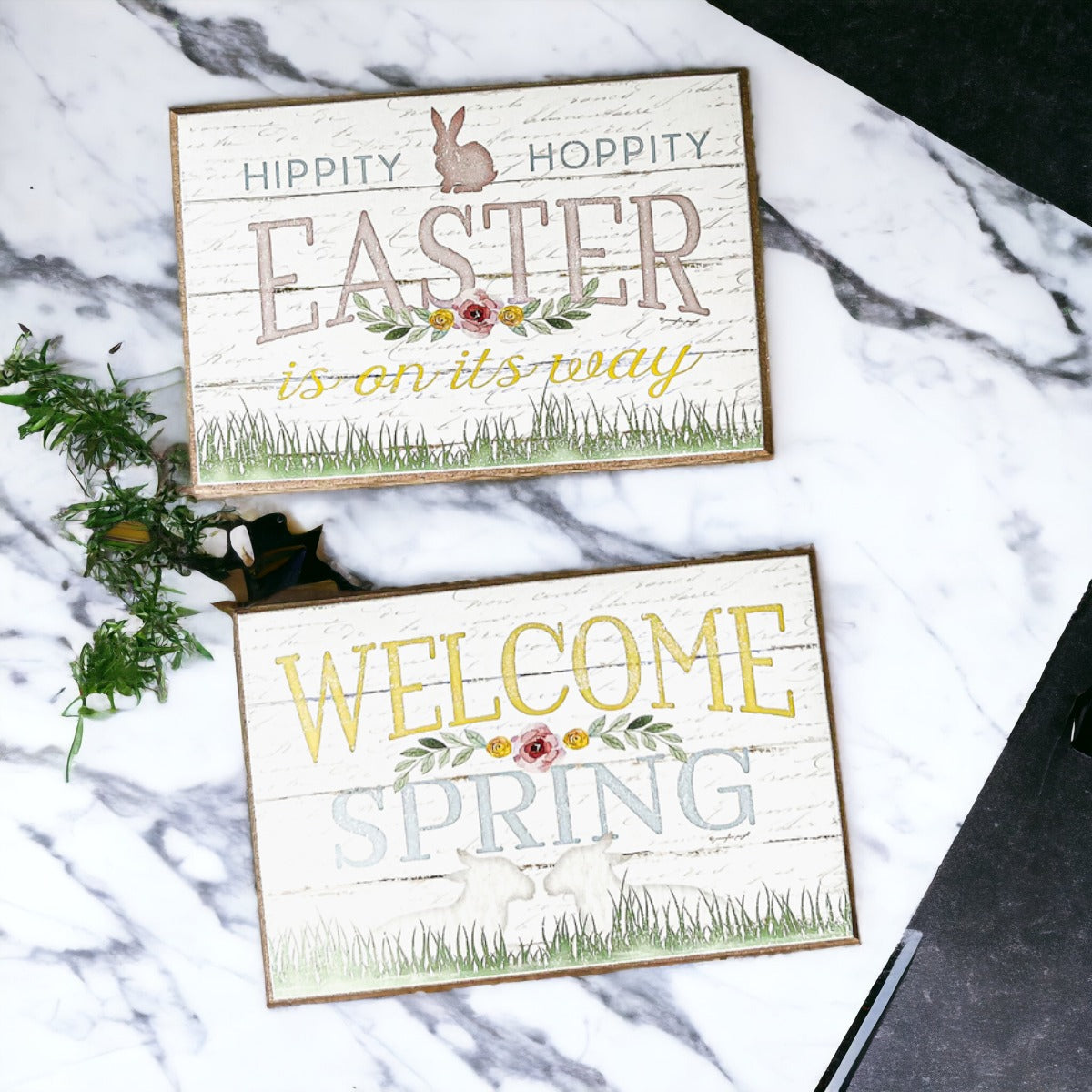 Easter Spring Floral Block Signs Set - Watercolor Bunny and Hippity Hoppity