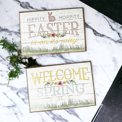 Easter Spring Floral Block Signs Set - Watercolor Bunny and Hippity Hoppity