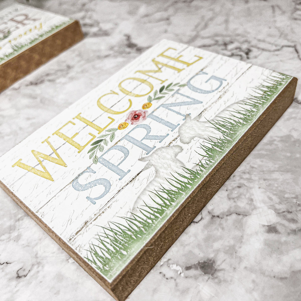 Easter Spring Floral Block Signs Set - Watercolor Bunny and Hippity Hoppity