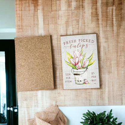 Fresh Tulips Wooden Block Sign Spring Summer Farmhouse Floral Home Decor Rustic Shelf Sitter