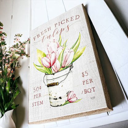 Fresh Tulips Wooden Block Sign Spring Summer Farmhouse Floral Home Decor Rustic Shelf Sitter