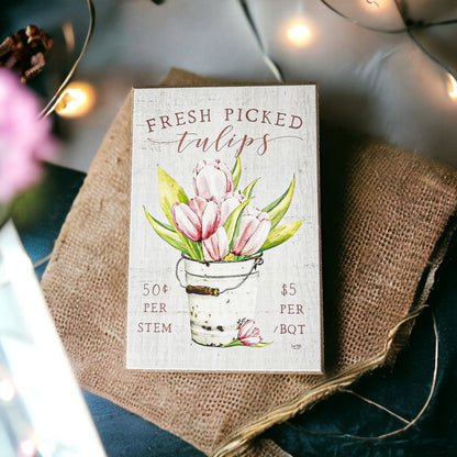 Fresh Tulips Wooden Block Sign Spring Summer Farmhouse Floral Home Decor Rustic Shelf Sitter