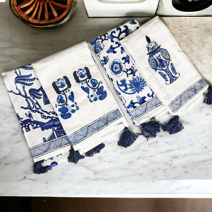 Chinoiserie Tea Towels 100% Cotton Oversized Embroidered Dish Towels Tassels