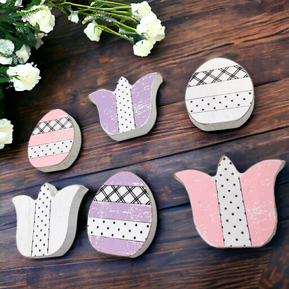 Handmade Wooden Spring Easter Decor 6Pc Accents Tulips And Easter Eggs Mantel Tier Tray Display