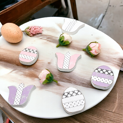 Handmade Wooden Spring Easter Decor 6Pc Accents Tulips And Easter Eggs Mantel Tier Tray Display